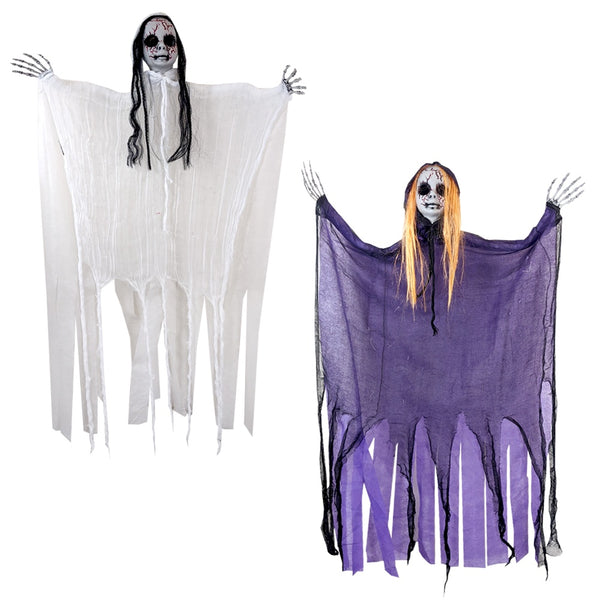 SCARY HANGING GIRL W/ BLOOD STREAKED FACE. LIGHT UP EYES, INCLUDES BATTRIES